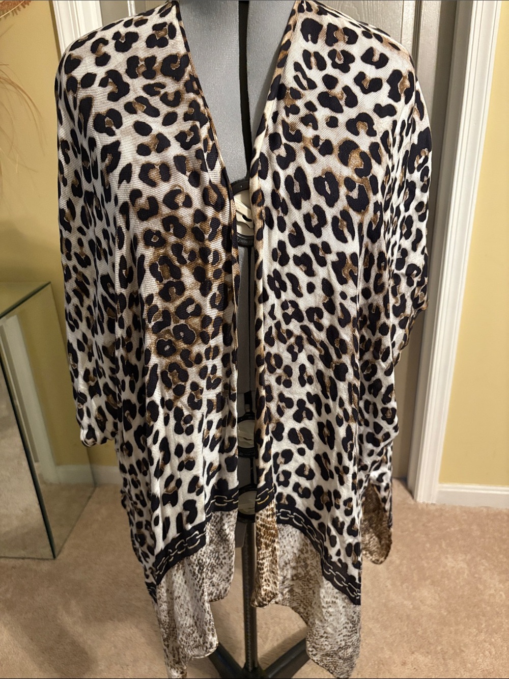 Leopard Print Open Front Kimono Cardigan - White, Black, Brown (Reversible)